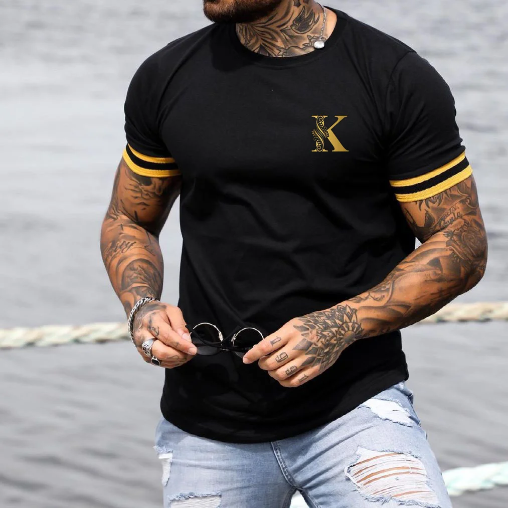 Men's Fashion K Print Color Matching Casual Slim Fit Short Sleeve T-Shirt