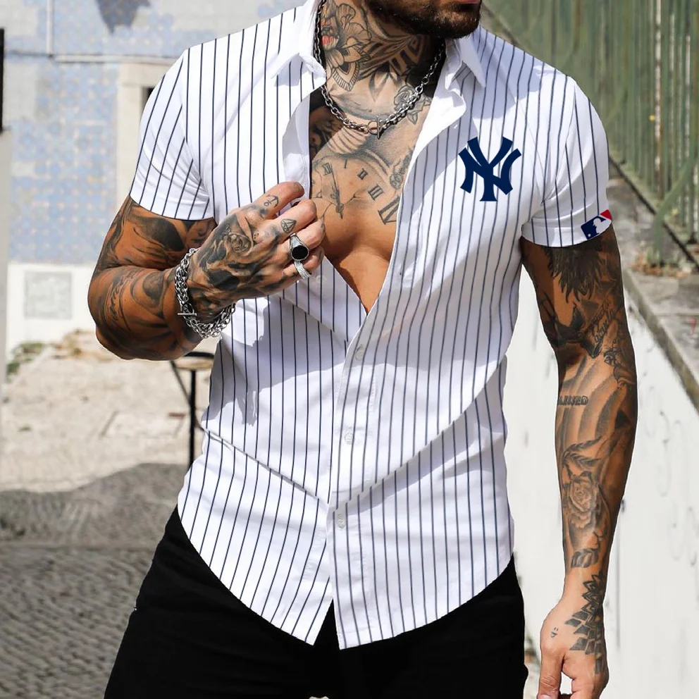 Men's Yankees Short Sleeve Shirt Casual Fit Striped Lapel Cardigan