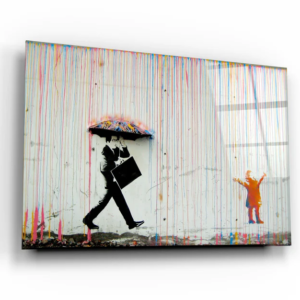 Banksy - Umbrella Man - Rainbow Rain Girl - Glass Wall Art