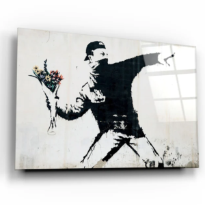 Banksy - Rioter Throwing a Flower Bouquet - Glass Wall Art