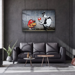 Banksy - Mario with a Policeman - Glass Wall Art